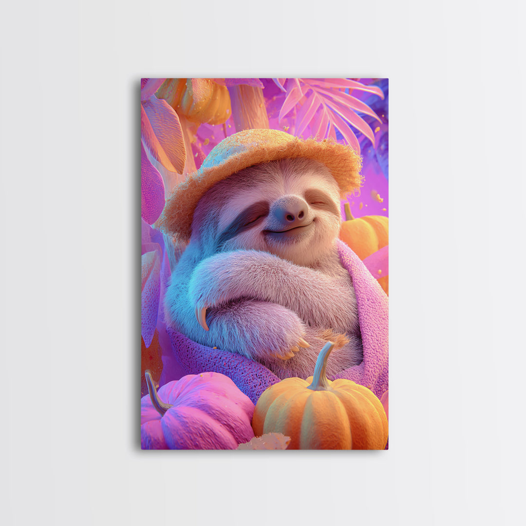 The Scarecrow Sloth, 80s Halloween Wall Art, Vertical Wall Art, Canvas Print, Retro Halloween Decor, Neon Wall Art, Gothic Home Decor