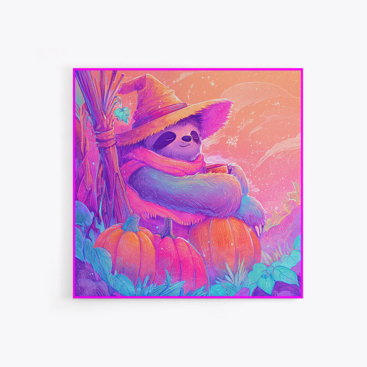 The Scarecrow Sloth, Cute Spooky Neon Art, Square Wall Art, Framed Canvas Print, Retro Halloween Decor, Neon Wall Art, Spooky Wall Decor