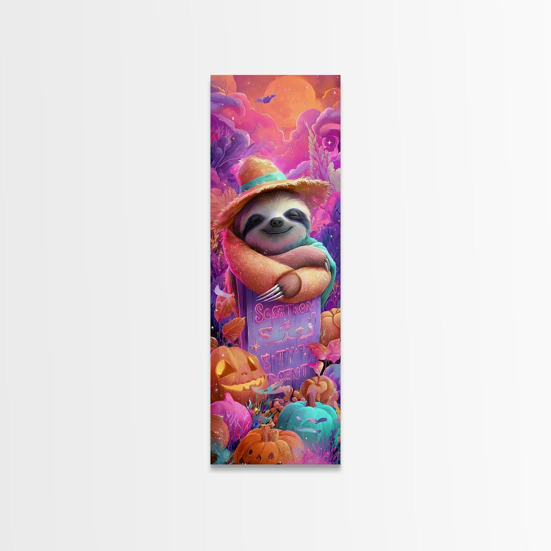 The Scarecrow Sloth, 80s Halloween Wall Art, Tall Narrow Wall Art, Canvas Print, Retro Halloween Decor, Neon Wall Art, Horror Wall Art