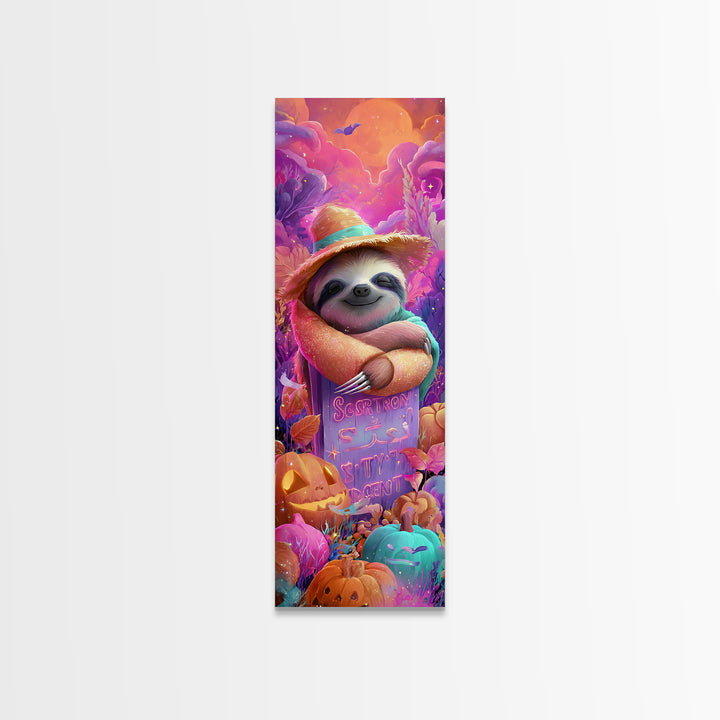 The Scarecrow Sloth, 80s Halloween Wall Art, Tall Narrow Wall Art, Canvas Print, Retro Halloween Decor, Neon Wall Art, Horror Wall Art