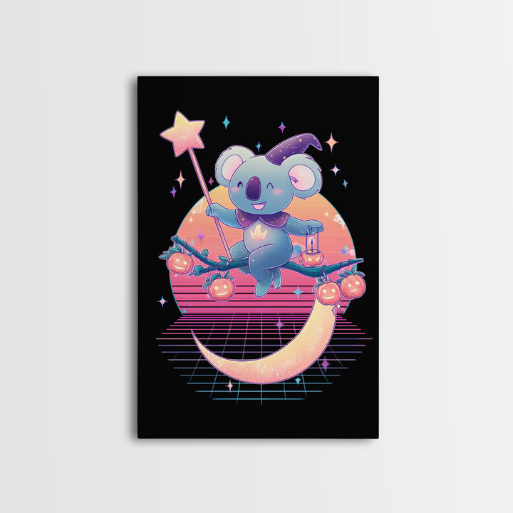 The Koala Wizard, Retro Neon Halloween Art, Vertical Wall Art, Canvas Print, Retro Halloween Decor, Neon Wall Art, Statement Wall Art