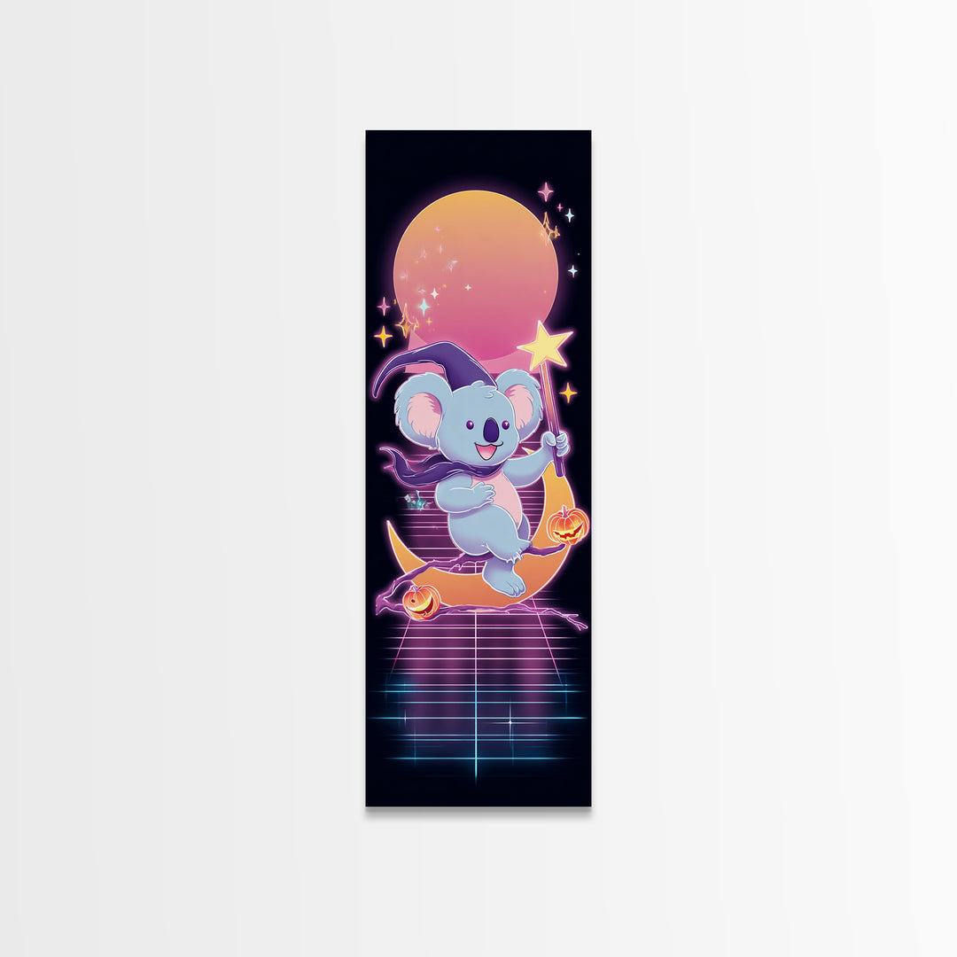 The Koala Wizard, Synthwave Halloween Art, Tall Narrow Wall Art, Canvas Print, Retro Halloween Decor, Neon Wall Art, Spooky Wall Decor