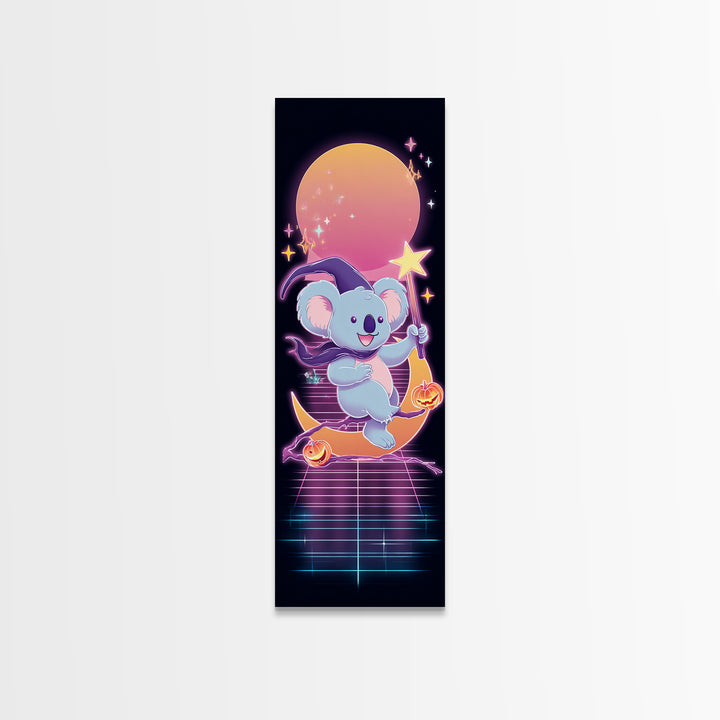 The Koala Wizard, Synthwave Halloween Art, Tall Narrow Wall Art, Canvas Print, Retro Halloween Decor, Neon Wall Art, Spooky Wall Decor