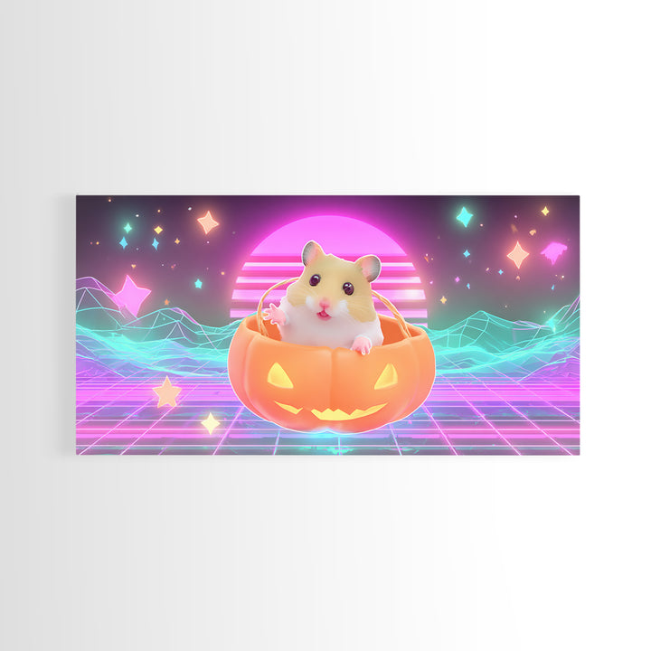 The Pumpkin Hamster, Retro Neon Halloween Art, Wide Panoramic Art, Framed Canvas Print, Retro Halloween Decor, Neon Wall Art