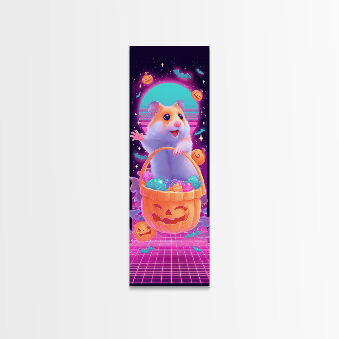 The Pumpkin Hamster, Synthwave Halloween Art, Tall Narrow Wall Art, Framed Canvas Print, Retro Halloween Decor, Neon Wall Art