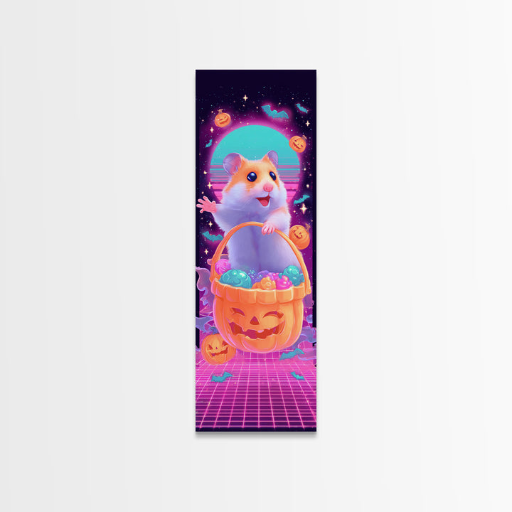 The Pumpkin Hamster, Synthwave Halloween Art, Tall Narrow Wall Art, Framed Canvas Print, Retro Halloween Decor, Neon Wall Art