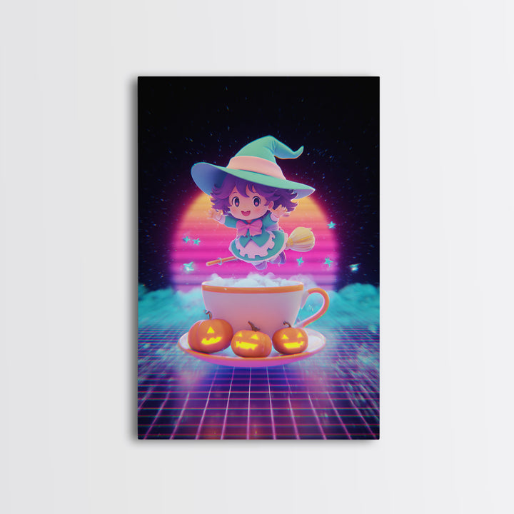 The Teacup Witch, Cute Spooky Neon Art, Vertical Wall Art, Framed Canvas Print, Retro Halloween Decor, Neon Wall Art, Seasonal Home Decor