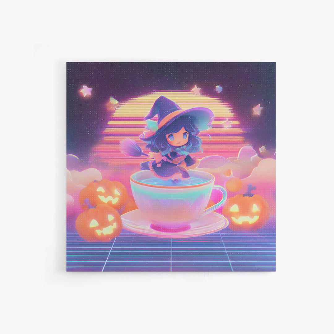 The Teacup Witch, Retro Neon Halloween Art, Square Wall Art, Framed Canvas Print, Retro Halloween Decor, Neon Wall Art