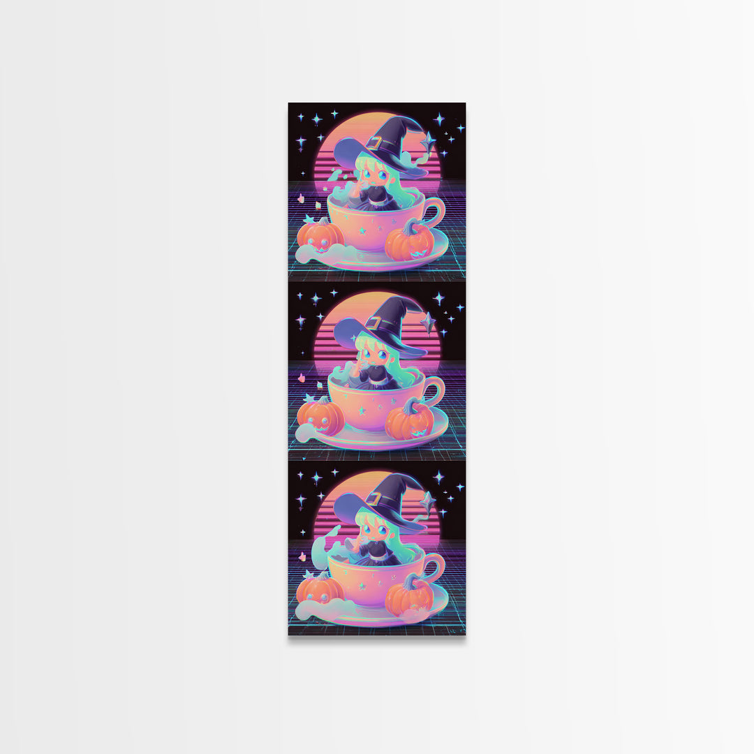 The Teacup Witch, Retro Neon Halloween Art, Tall Narrow Wall Art, Framed Canvas Print, Retro Halloween Decor, Neon Wall Art