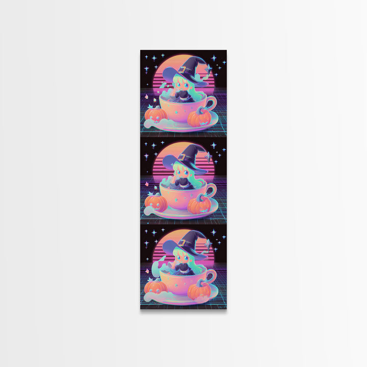 The Teacup Witch, Retro Neon Halloween Art, Tall Narrow Wall Art, Framed Canvas Print, Retro Halloween Decor, Neon Wall Art