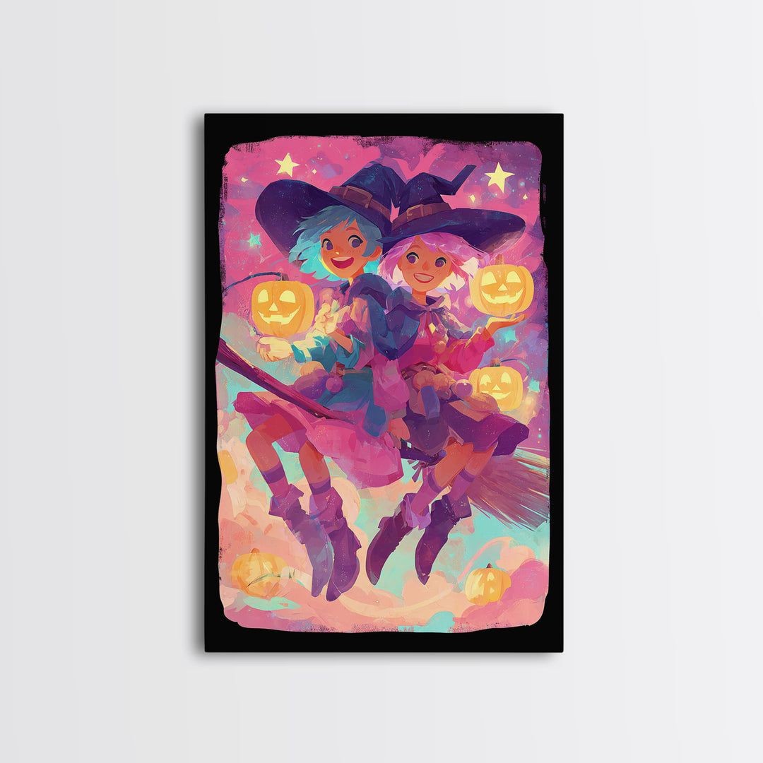The Twin Broomstick Witches, 80s Halloween Wall Art, Vertical Wall Art, Framed Canvas Print, Retro Halloween Decor, Neon Wall Art