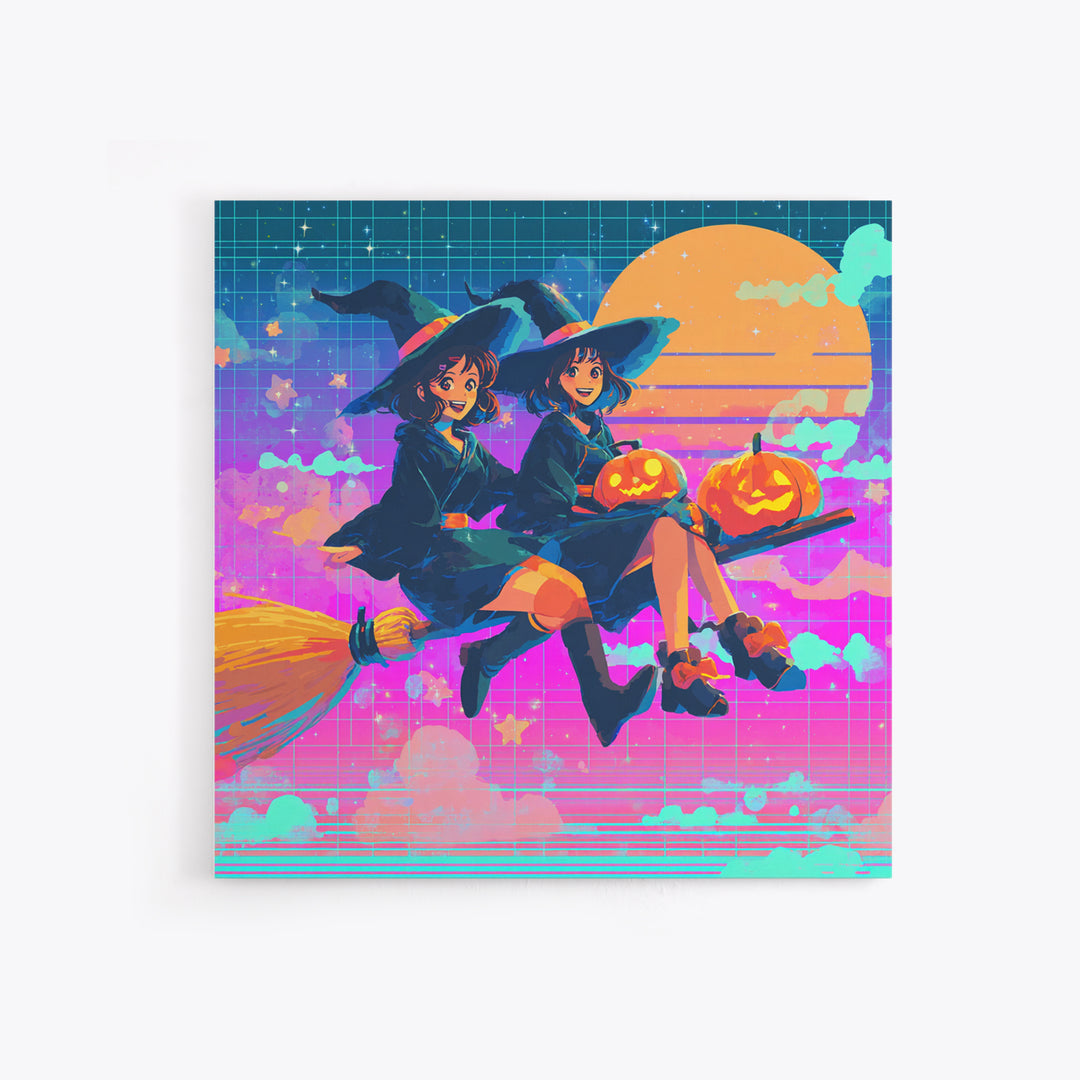 The Twin Broomstick Witches, Vaporwave Halloween Decor, Square Wall Art, Canvas Print, Retro Halloween Decor, Neon Wall Art