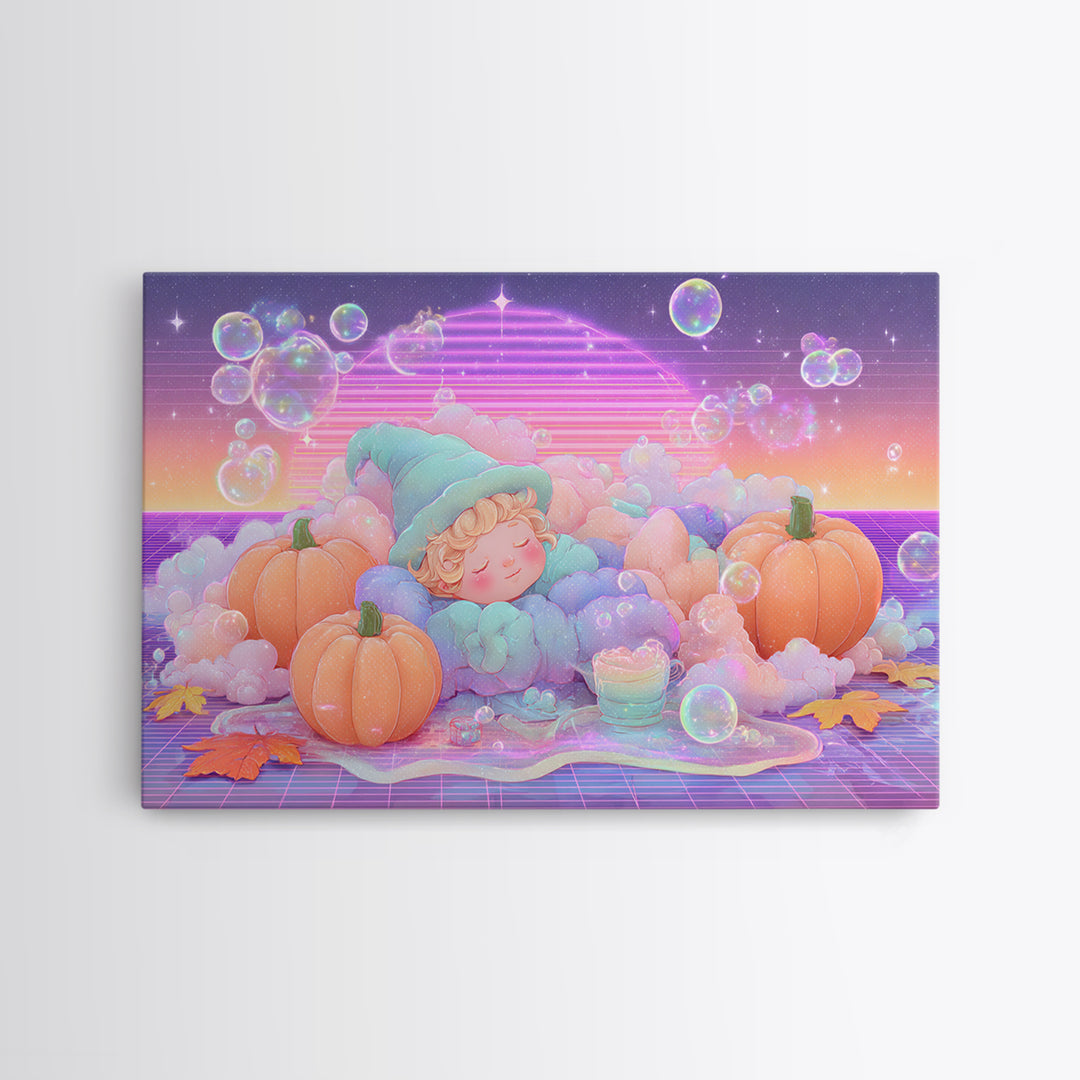 The Bubble Potion Apprentice, Synthwave Halloween Art, Landscape Wall Art, Canvas Print, Retro Halloween Decor, Neon Wall Art