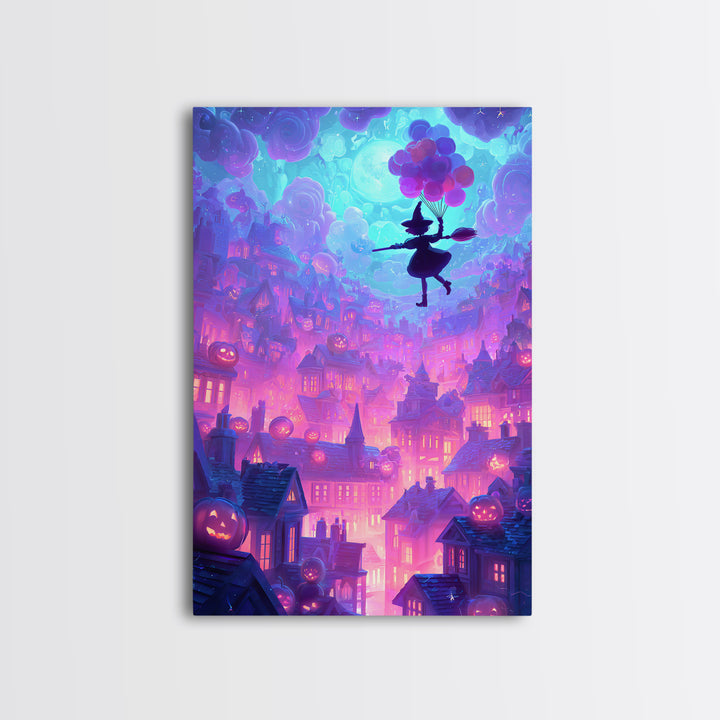 The Witch With A Balloon Broom, Cute Spooky Neon Art, Vertical Wall Art, Framed Canvas Print, Retro Halloween Decor, Neon Wall Art