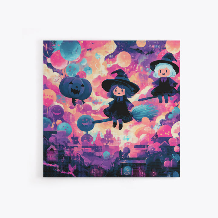 The Witch With A Balloon Broom, Synthwave Halloween Art, Square Wall Art, Canvas Print, Retro Halloween Decor, Neon Wall Art