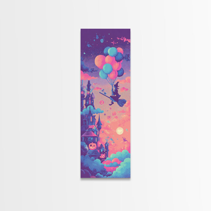 The Witch With A Balloon Broom, Vaporwave Halloween Decor, Tall Narrow Wall Art, Canvas Print, Retro Halloween Decor, Neon Wall Art