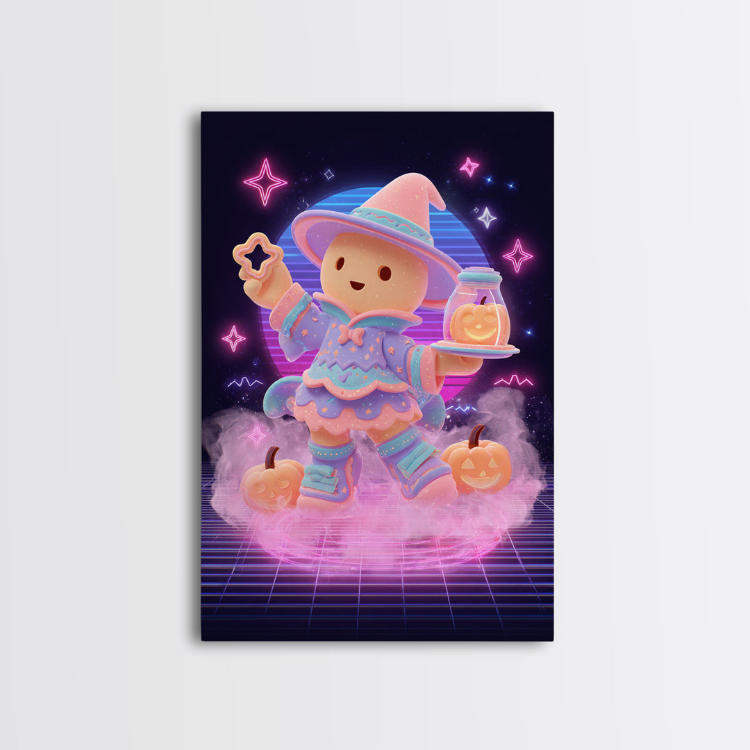The Cookie Spellcaster, Cute Spooky Neon Art, Vertical Wall Art, Canvas Print, Retro Halloween Decor, Neon Wall Art, Collectible Wall Decor