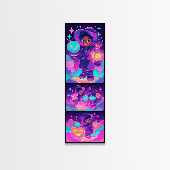 The Cookie Spellcaster, 80s Halloween Wall Art, Tall Narrow Wall Art, Framed Canvas Print, Retro Halloween Decor, Neon Wall Art