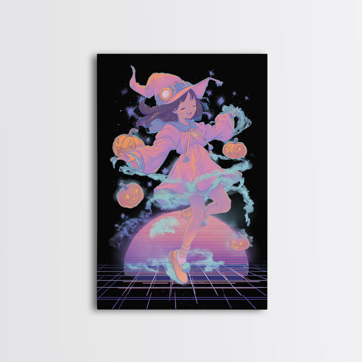 The Moonlight Pajama Witch, Vaporwave Halloween Decor, Vertical Wall Art, Canvas Print, Retro Halloween Decor, Neon Wall Art
