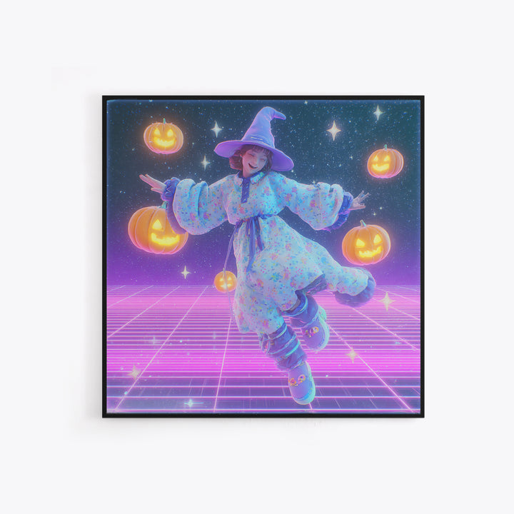 The Moonlight Pajama Witch, Synthwave Halloween Art, Square Wall Art, Canvas Print, Retro Halloween Decor, Neon Wall Art