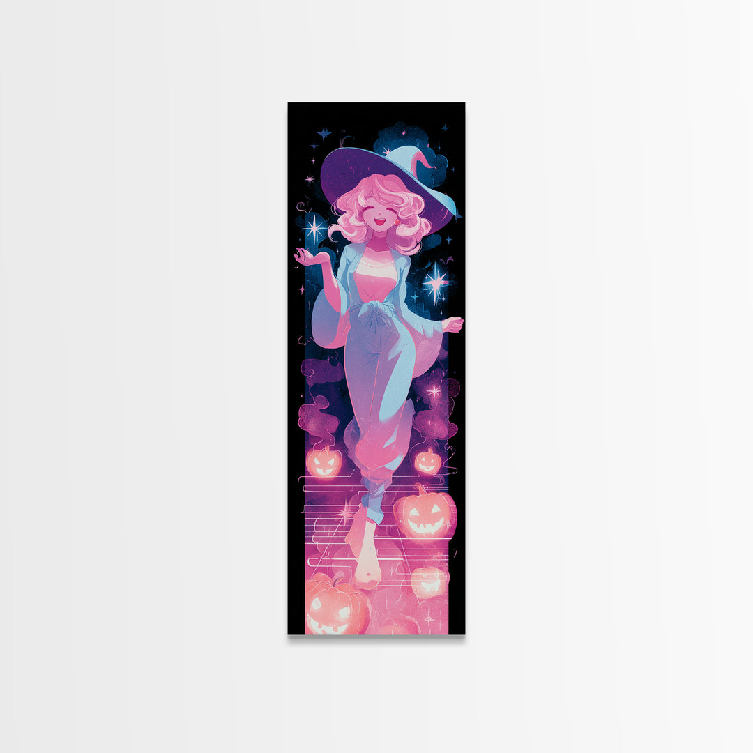 The Moonlight Pajama Witch, Cute Spooky Neon Art, Tall Narrow Wall Art, Framed Canvas Print, Retro Halloween Decor, Neon Wall Art