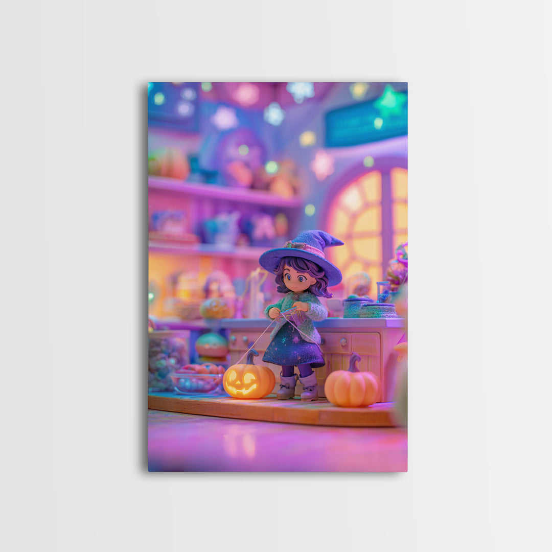 The Tiny Hat Shop Witch, Synthwave Halloween Art, Vertical Wall Art, Framed Canvas Print, Retro Halloween Decor, Neon Wall Art