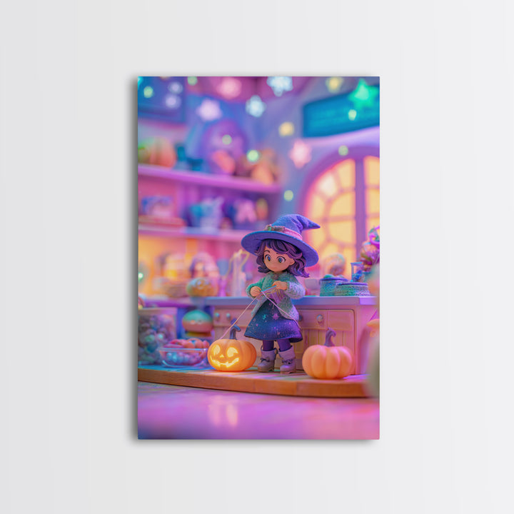 The Tiny Hat Shop Witch, Synthwave Halloween Art, Vertical Wall Art, Framed Canvas Print, Retro Halloween Decor, Neon Wall Art