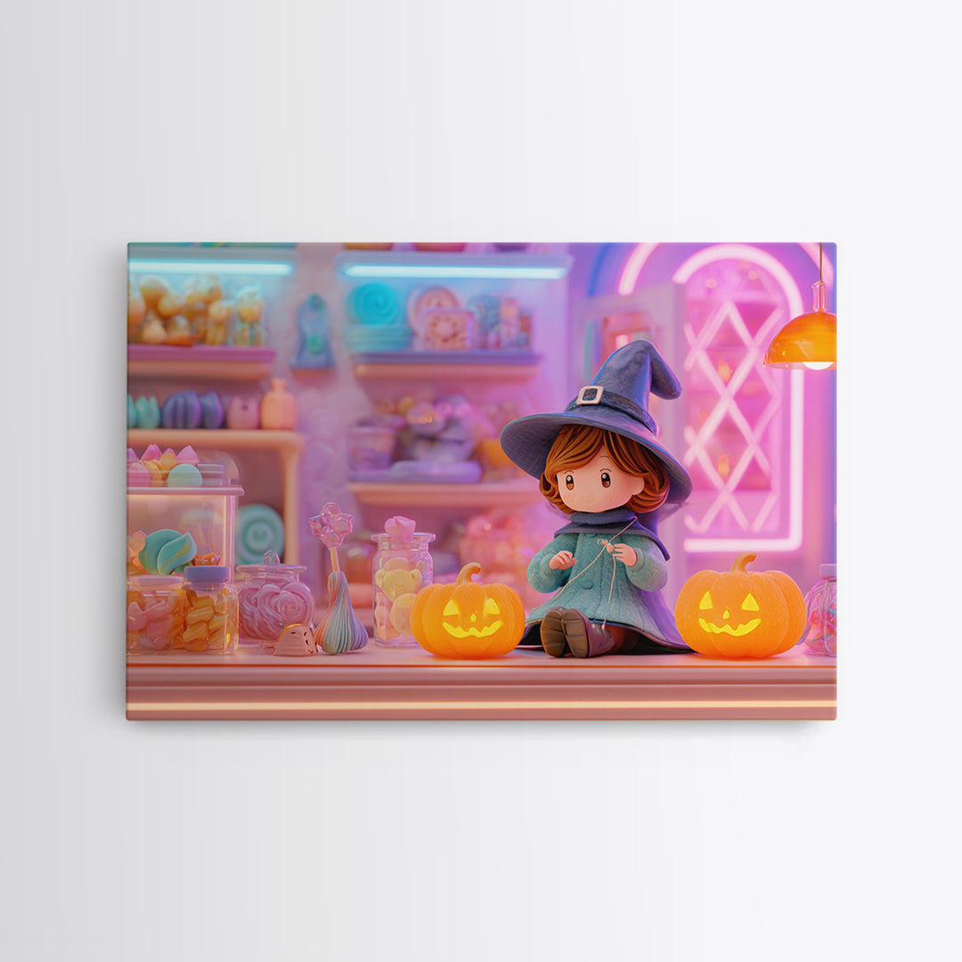 The Tiny Hat Shop Witch, Vaporwave Halloween Decor, Landscape Wall Art, Framed Canvas Print, Retro Halloween Decor, Neon Wall Art