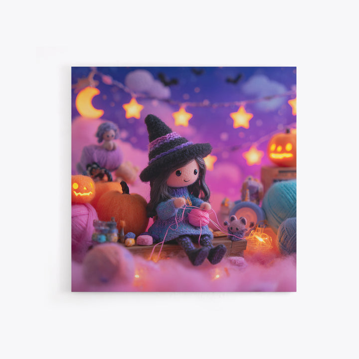 The Tiny Hat Shop Witch, Synthwave Halloween Art, Square Wall Art, Framed Canvas Print, Retro Halloween Decor, Neon Wall Art