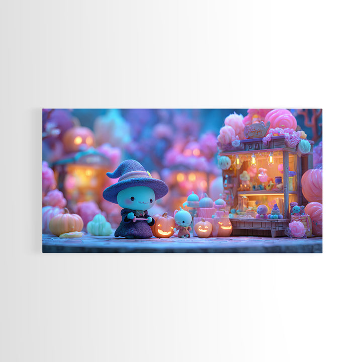 The Tiny Hat Shop Witch, Retro Neon Halloween Art, Wide Panoramic Art, Framed Canvas Print, Retro Halloween Decor, Neon Wall Art