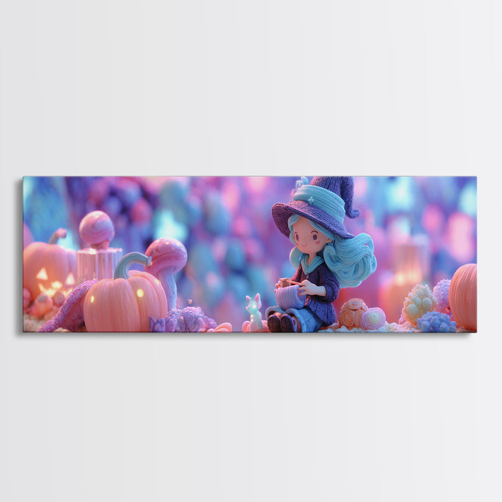 The Tiny Hat Shop Witch, Cute Spooky Neon Art, Extra Wide Wall Art, Canvas Print, Retro Halloween Decor, Neon Wall Art, Gothic Home Decor