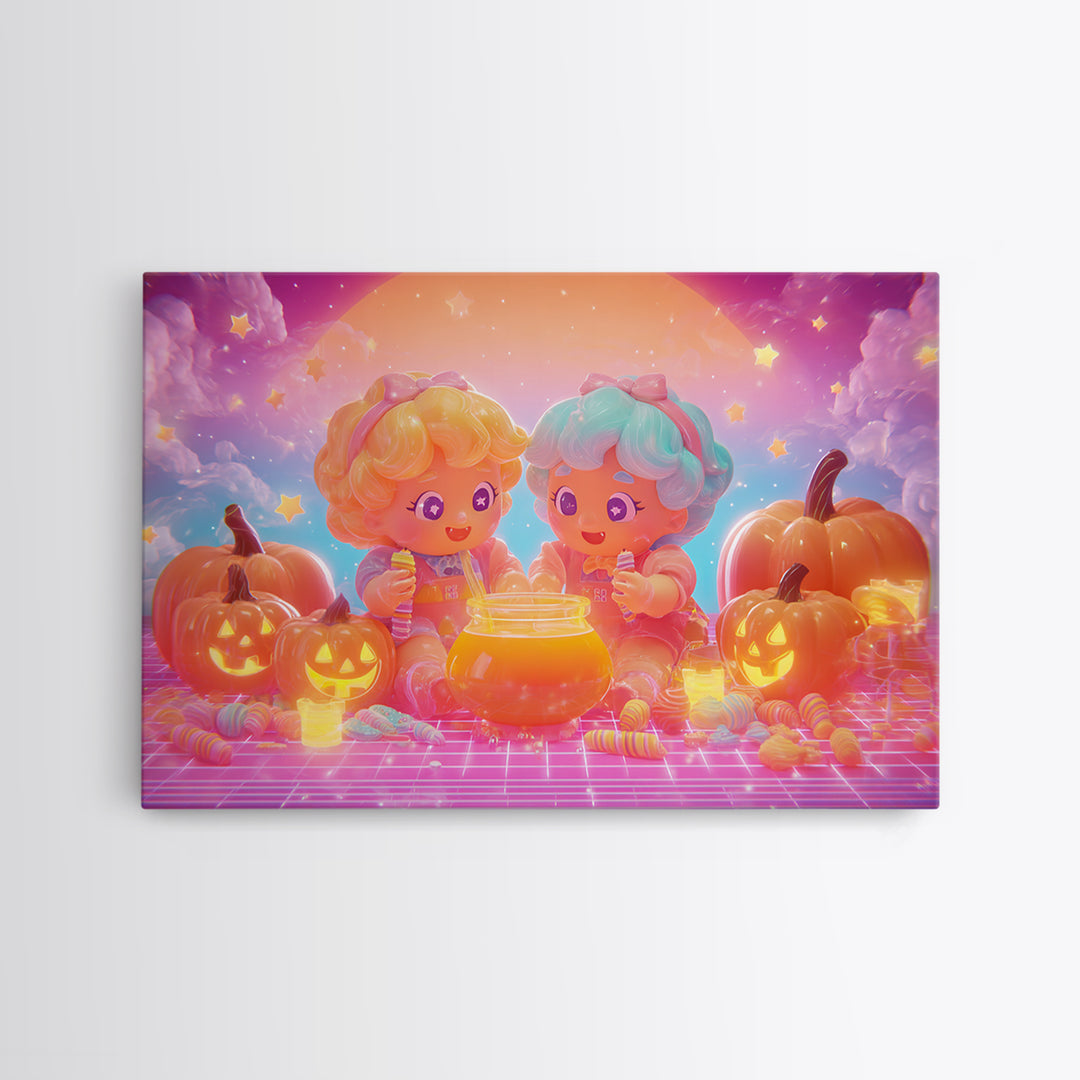The Pumpkin Potion Twins, Cute Spooky Neon Art, Landscape Wall Art, Canvas Print, Retro Halloween Decor, Neon Wall Art