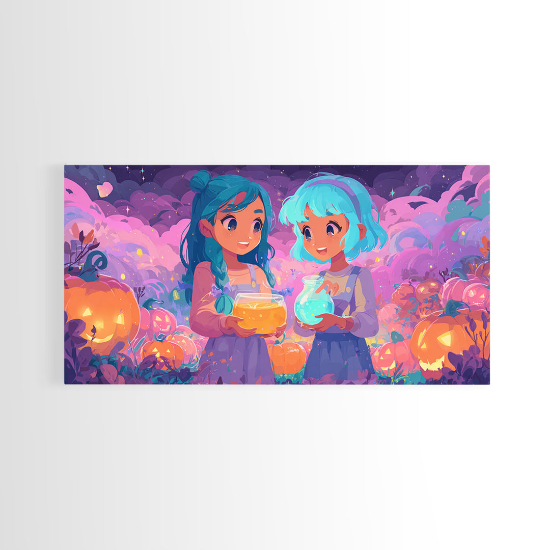 The Pumpkin Potion Twins, 80s Halloween Wall Art, Wide Panoramic Art, Canvas Print, Retro Halloween Decor, Neon Wall Art, Spooky Wall Decor