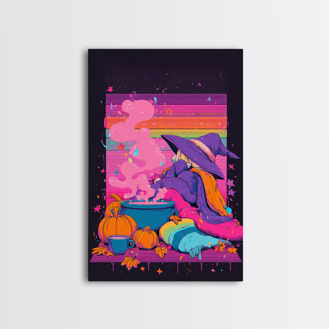The Rainbow-Cauldron Witch, Vaporwave Halloween Decor, Vertical Wall Art, Canvas Print, Retro Halloween Decor, Neon Wall Art