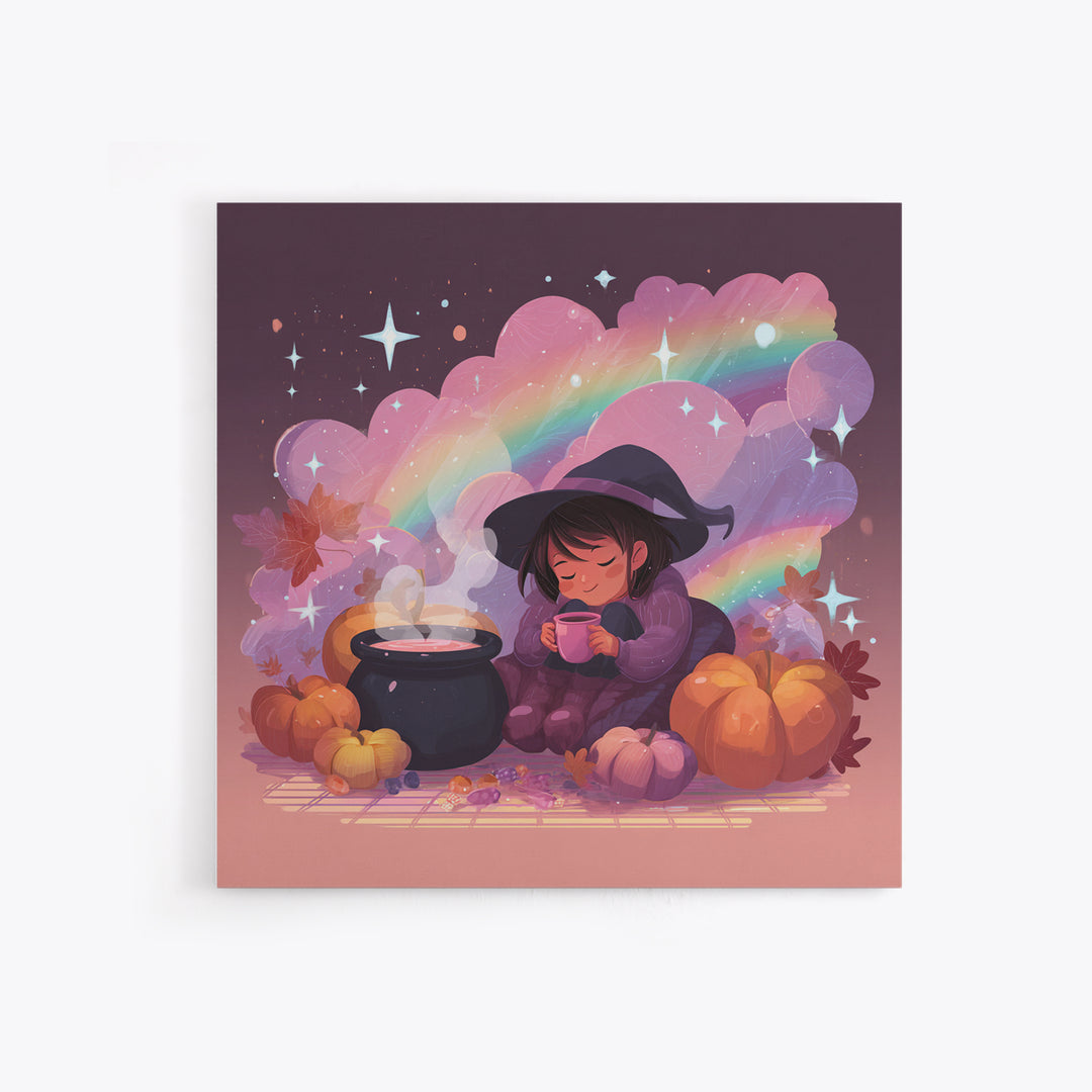 The Rainbow-Cauldron Witch, Vaporwave Halloween Decor, Square Wall Art, Framed Canvas Print, Retro Halloween Decor, Neon Wall Art