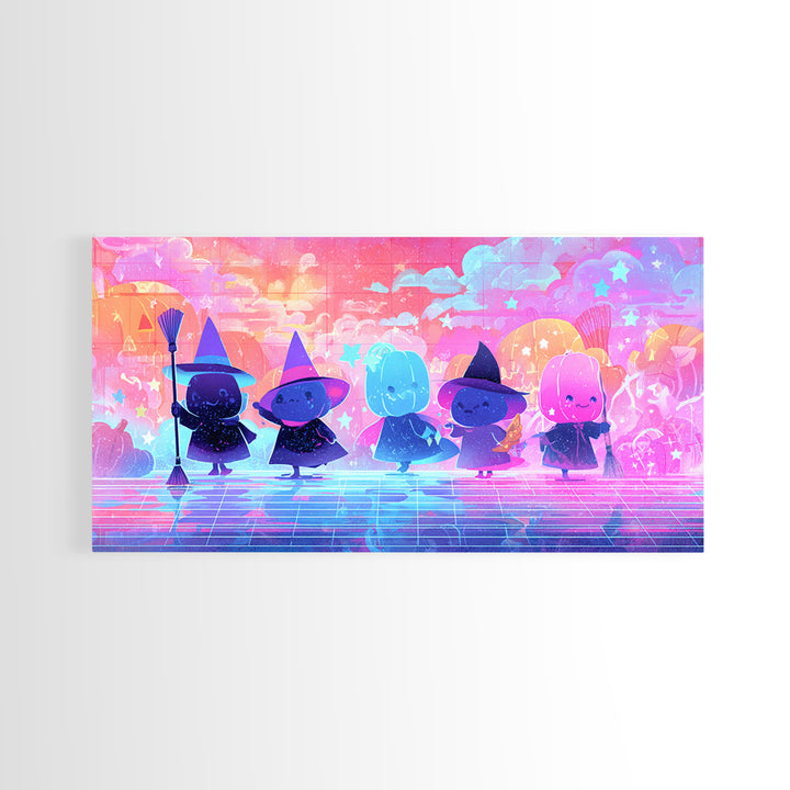 The Stardust Apprentice, Vaporwave Halloween Decor, Wide Panoramic Art, Canvas Print, Retro Halloween Decor, Neon Wall Art