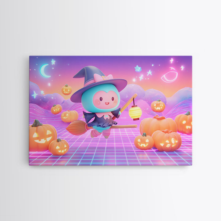 The Broomstick Riding Lesson, Synthwave Halloween Art, Landscape Wall Art, Canvas Print, Retro Halloween Decor, Neon Wall Art