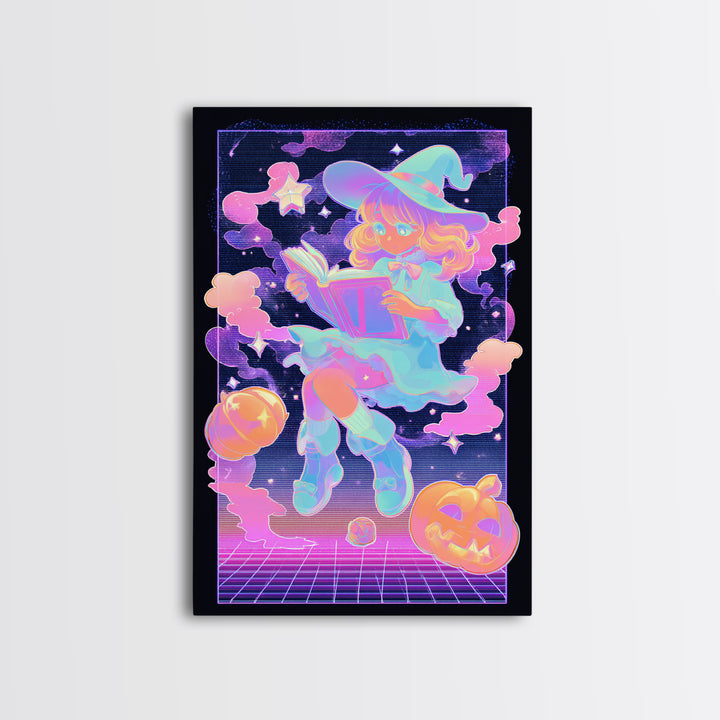 The Spellbook Sleepover, Synthwave Halloween Art, Vertical Wall Art, Canvas Print, Retro Halloween Decor, Neon Wall Art