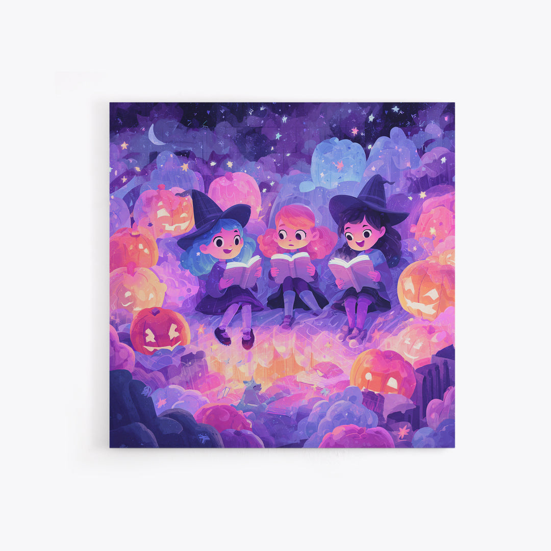 The Spellbook Sleepover, Retro Neon Halloween Art, Square Wall Art, Canvas Print, Retro Halloween Decor, Neon Wall Art, Statement Wall Art