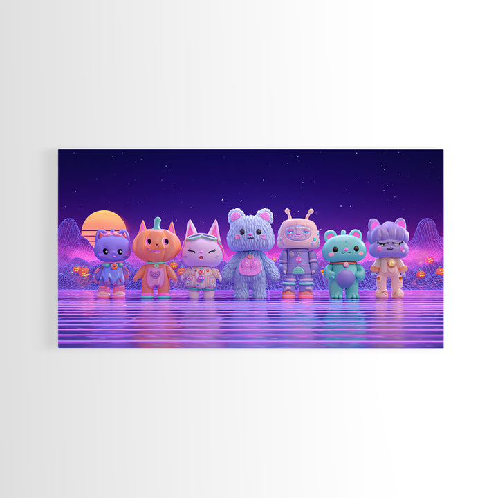 The Friendly Familiar Club, 80s Halloween Wall Art, Wide Panoramic Art, Canvas Print, Retro Halloween Decor, Neon Wall Art