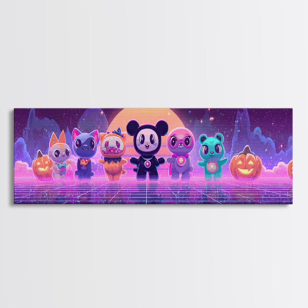 The Friendly Familiar Club, Cute Spooky Neon Art, Extra Wide Wall Art, Canvas Print, Retro Halloween Decor, Neon Wall Art