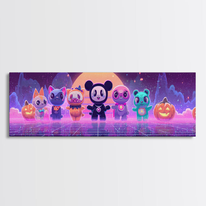 The Friendly Familiar Club, Cute Spooky Neon Art, Extra Wide Wall Art, Canvas Print, Retro Halloween Decor, Neon Wall Art