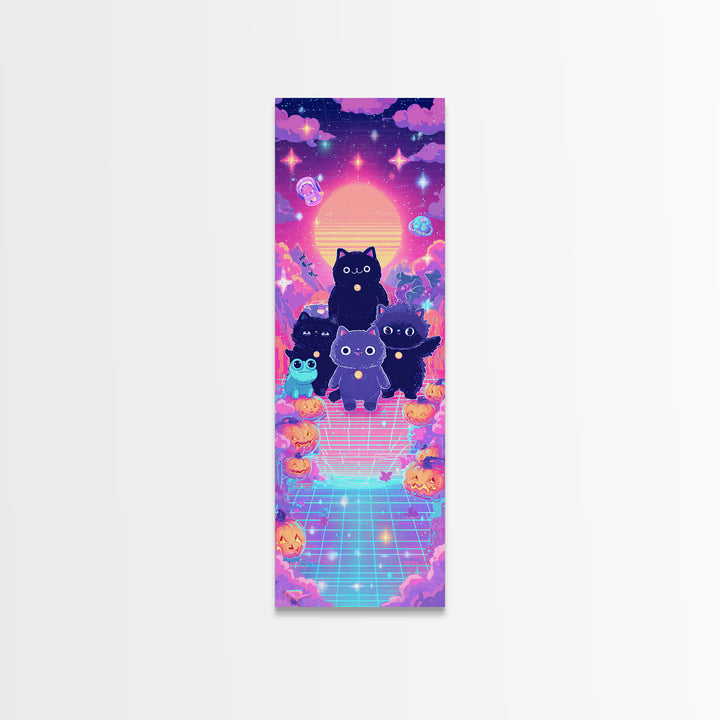 The Friendly Familiar Club, Vaporwave Halloween Decor, Tall Narrow Wall Art, Canvas Print, Retro Halloween Decor, Neon Wall Art
