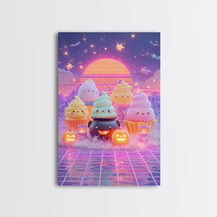 The Cupcake Cauldron Class, Vaporwave Halloween Decor, Vertical Wall Art, Canvas Print, Retro Halloween Decor, Neon Wall Art
