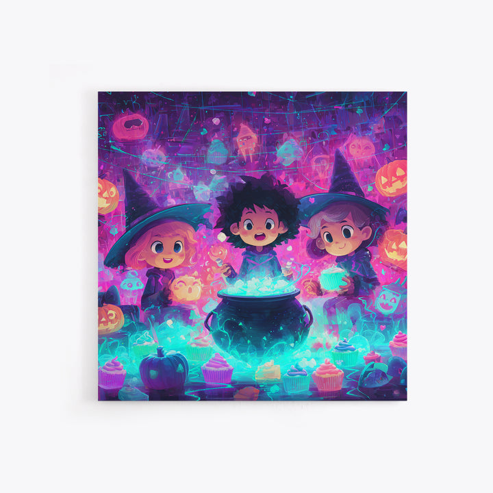 The Cupcake Cauldron Class, 80s Halloween Wall Art, Square Wall Art, Framed Canvas Print, Retro Halloween Decor, Neon Wall Art