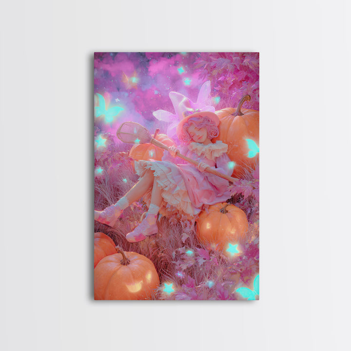 The Cloud-Catching Wizard, Retro Neon Halloween Art, Vertical Wall Art, Canvas Print, Retro Halloween Decor, Neon Wall Art