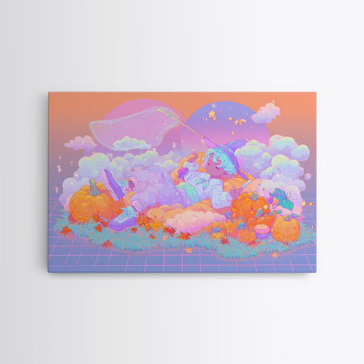 The Cloud-Catching Wizard, Cute Spooky Neon Art, Landscape Wall Art, Canvas Print, Retro Halloween Decor, Neon Wall Art