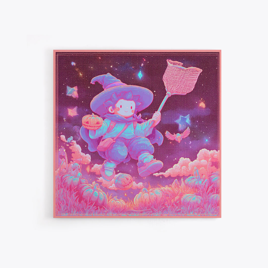 The Cloud-Catching Wizard, Retro Neon Halloween Art, Square Wall Art, Canvas Print, Retro Halloween Decor, Neon Wall Art, Horror Wall Art