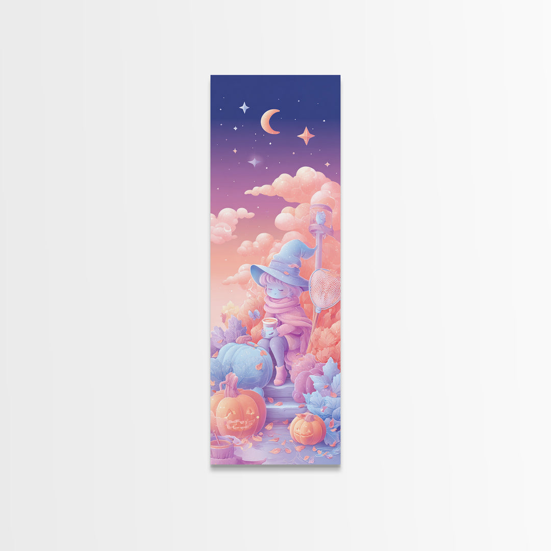 The Cloud-Catching Wizard, 80s Halloween Wall Art, Tall Narrow Wall Art, Framed Canvas Print, Retro Halloween Decor, Neon Wall Art