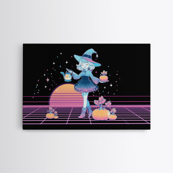 The Moon Garden Witch, Cute Spooky Neon Art, Landscape Wall Art, Canvas Print, Retro Halloween Decor, Neon Wall Art, Horror Wall Art